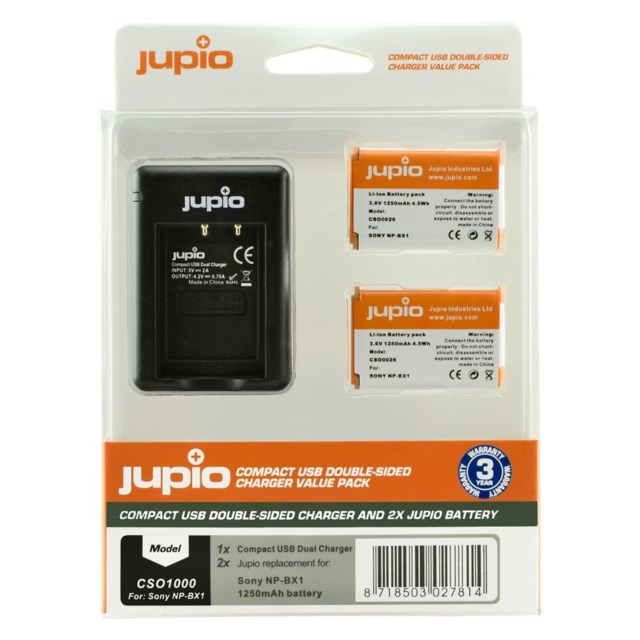 Jupio NP-BX1 1250mAh 2-kpl + USB Double-Sided Charger Sony